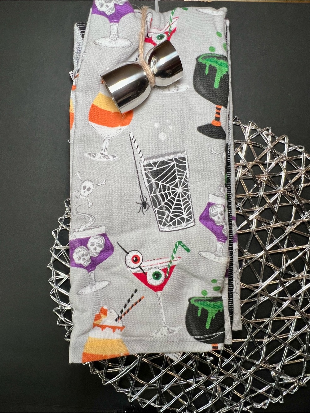 3 Halloween Spooky Cocktails Kitchen Towels + Bar Jigger Haunted Drinks